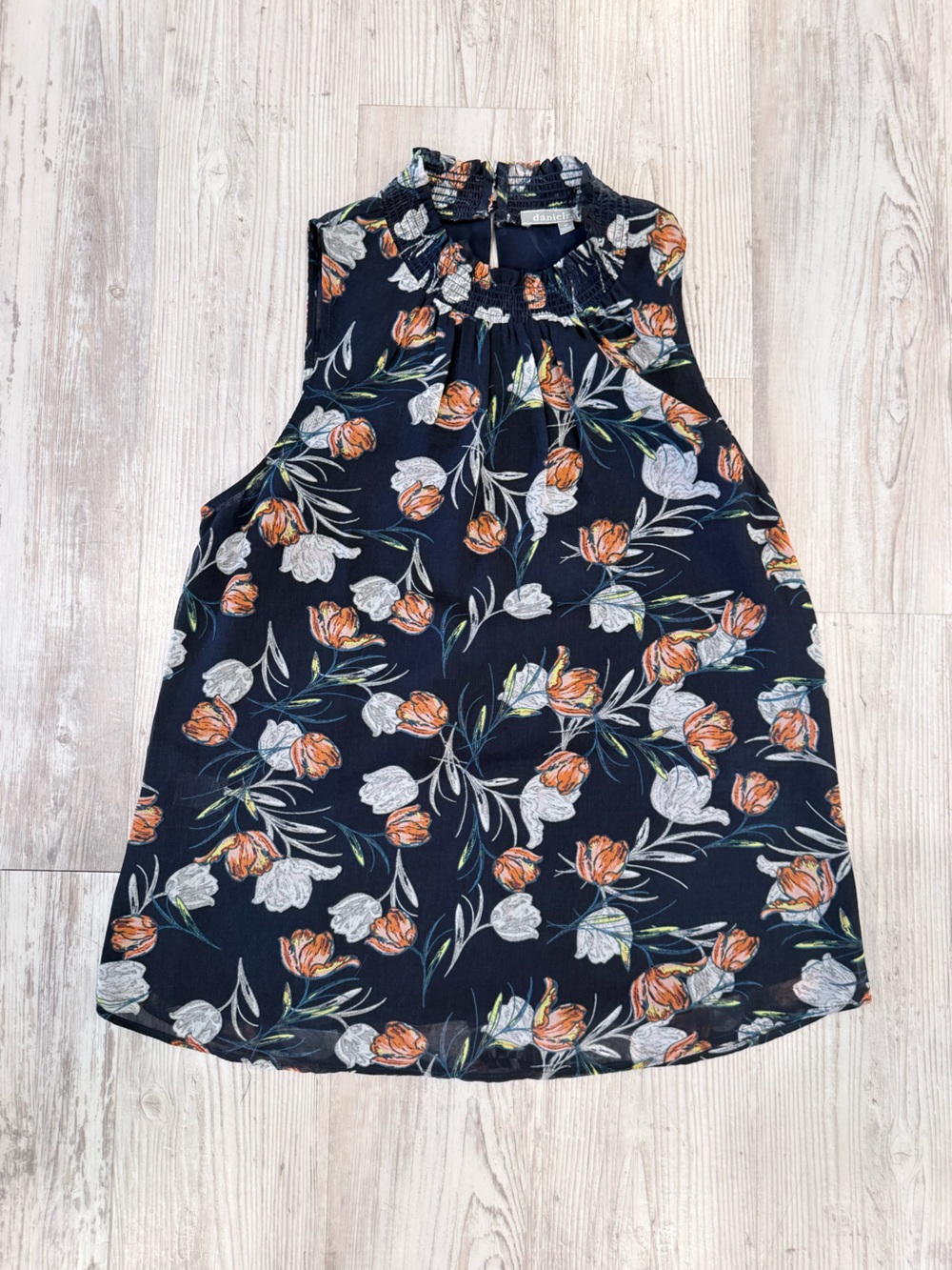 Daniel Rainn Navy Floral Sleeveless Blouse with Orange & White Tulips